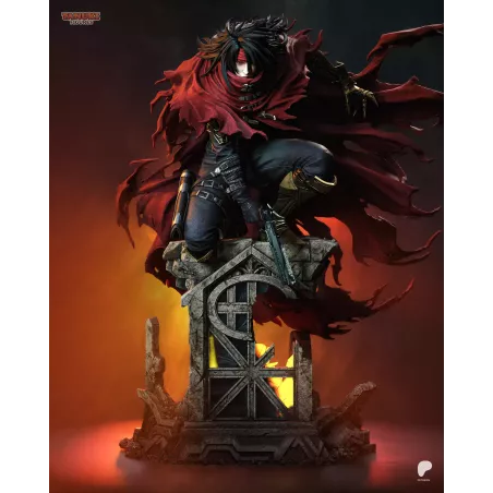 Vincent Valentine émerge des ruines du manoir Shinra, cape rouge déployée et Cerberus au poing.