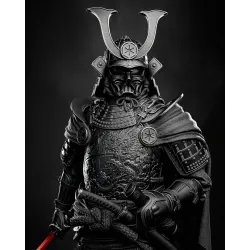 Figurine Darth Vader Samouraï, vue en contre-plongée soulignant la stature imposante