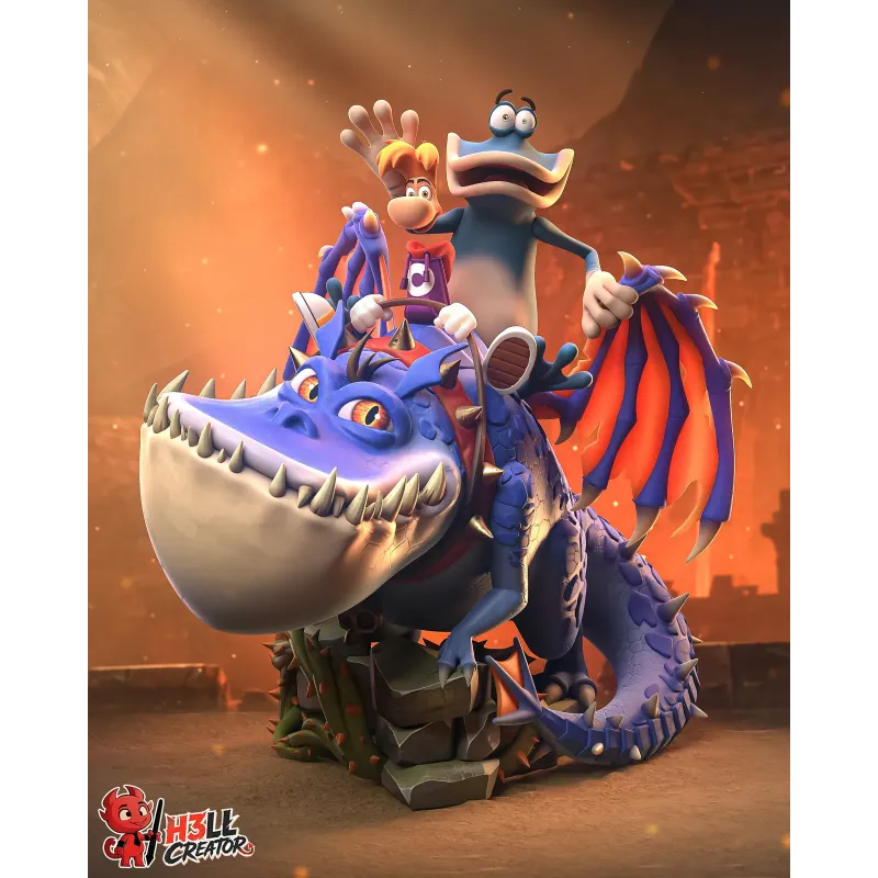 Garage kit résine de Rayman et Globox chevauchant le dragon bleu de Rayman