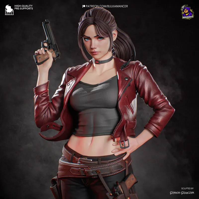 : Gros plan sur les détails sculptés du visage et du blouson de la figurine en résine de Claire Redfield,