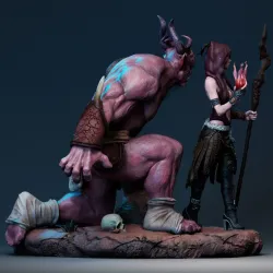 Statue Ogre Dragon Age avec détails des cornes et expression agressive