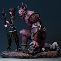 Gros plan de profil sur Morrigan canalisant sa magie face à la stature imposante du démon.