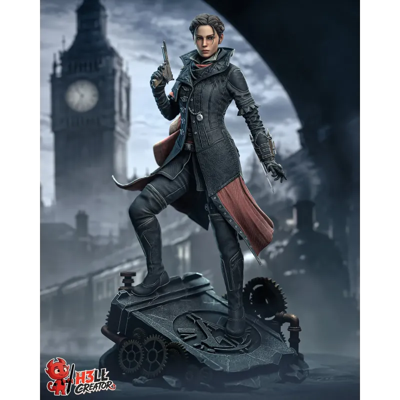 Evie Frye dans une posture fière et déterminée, dominant les rues de Londres.