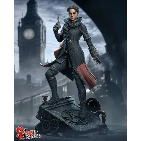 Evie Frye dans une posture fière et déterminée, dominant les rues de Londres.