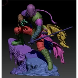 Rendu 3D (modélisation numérique) de la figurine Starkiller montrant le découpage des pièces pour l'impression.