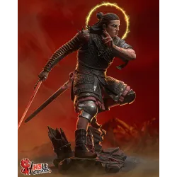 le travail de sculpture au niveau du cuir usé, de la cotte de mailles et des impacts de combat offre un terrain de jeu idéal