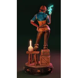 La posture dynamique de Triss met en valeur la sacoche de voyage et la finesse des ceintures gravées d'étoiles.