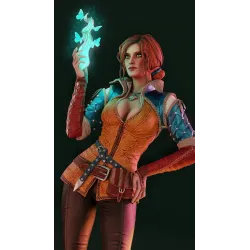 Gros plan visage et magie papillon bleu figurine Triss Merigold Witcher