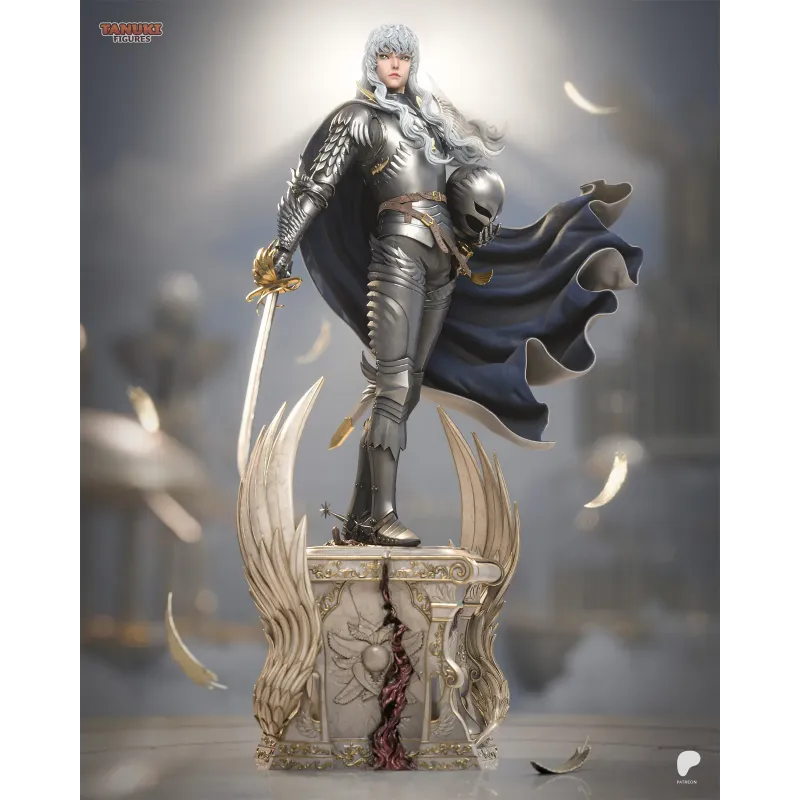 Vue de face de la figurine de Griffith (Berserk) par Tanuki Figures, debout sur son socle en marbre fissuré.