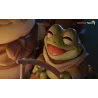 Regardez ce sourire ! Zoom sur la petite grenouille installée sur son rondin, prête pour sa session de pêche.