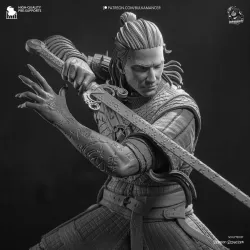 Zoom sur les détails de sculpture du visage, de la chevelure et des runes de l'épée. Une précision d'impression absolue.