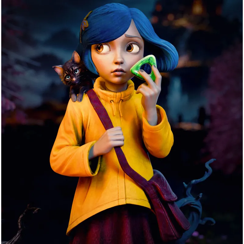 La statuette complète de Coraline Jones, capturant à la perfection l'ambiance mystérieuse du chef-d'œuvre de LAIKA.