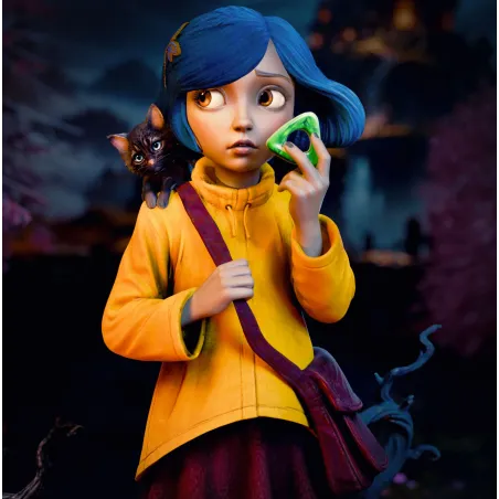 La statuette complète de Coraline Jones, capturant à la perfection l'ambiance mystérieuse du chef-d'œuvre de LAIKA.