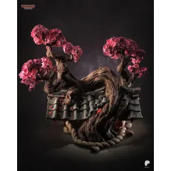 Admirez le travail de sculpture sur les tuiles, la texture de l'écorce de l'arbre et la densité des fleurs de cerisier
