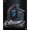 Focus sur le socle industriel. Un décor cyberpunk-noir composé d'un mur de briques usé.