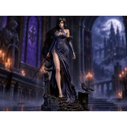 Gros plan sur la peinture et les textures satinées de la robe de Shanoa, l'héroïne d'Ecclesia.