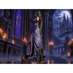 Shanoa, l'arme ultime de l'Ordre d'Ecclesia, arborant la marque luminescente de son glyphe magique sous la brume de la nuit