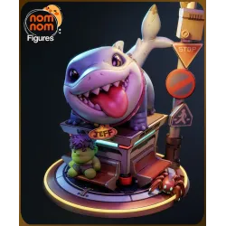 • Vue d'ensemble en couleur et texturée de la figurine Chibi de Jeff le Requin terrestre sur son socle urbain futuriste.