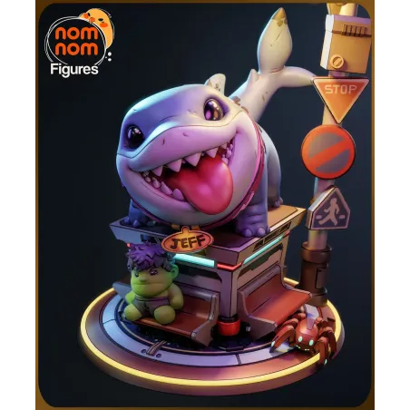 • Vue d'ensemble en couleur et texturée de la figurine Chibi de Jeff le Requin terrestre sur son socle urbain futuriste.