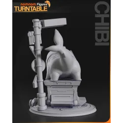 Rendu 3D neutre de dos, dévoilant la sculpture de la queue dressée de Jef