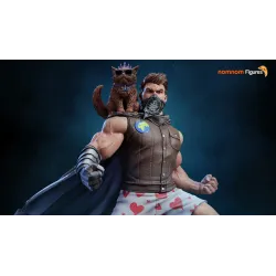 Mise en valeur du contraste absurde entre la musculature brute de Carl, son gantelet de combat, et son caleçon à cœurs,