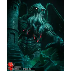 Cthulhu surgit des pages d'un grimoire ancien dans une composition pyramidale saisissante.