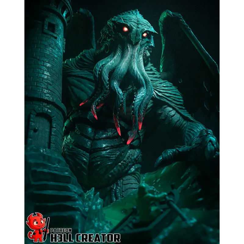 Cthulhu surgit des pages d'un grimoire ancien dans une composition pyramidale saisissante.