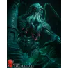 Cthulhu surgit des pages d'un grimoire ancien dans une composition pyramidale saisissante.