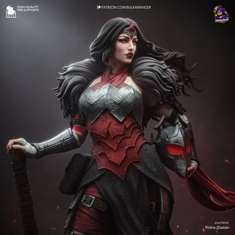 Gros plan détaillé sur le buste d'Absolute Wonder Woman. On distingue la finesse des traits du visage,